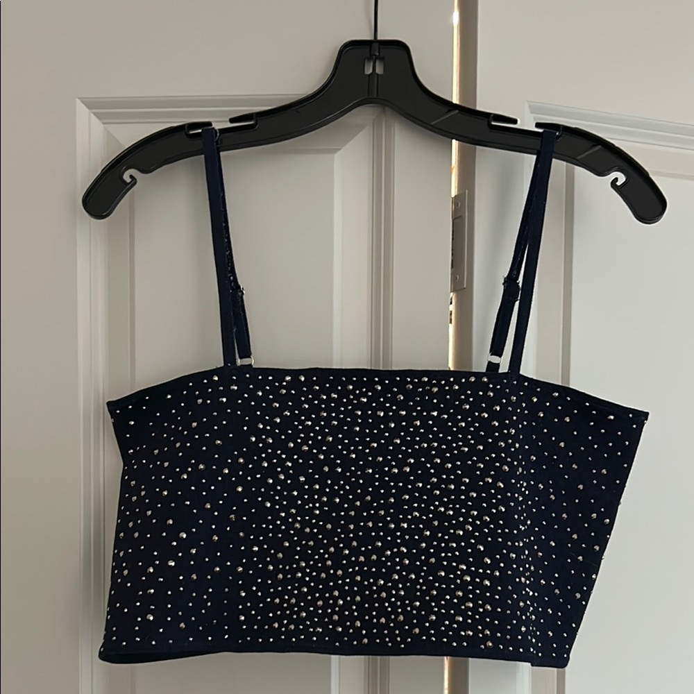 Rhinestone Denim Crop Top – Size L (Never Worn)